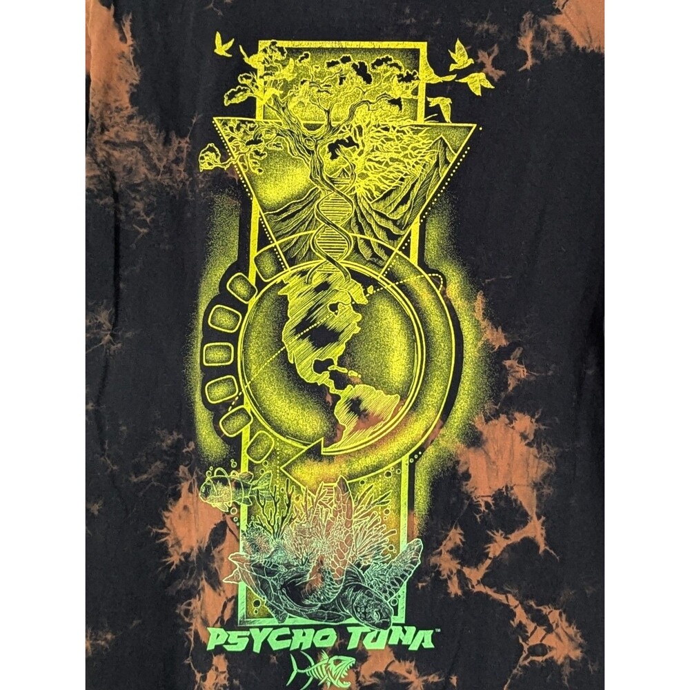 PSYCHO TUNA Graphic T Shirt Mens Medium Black Tie Dye Recycle Earth Green Planet